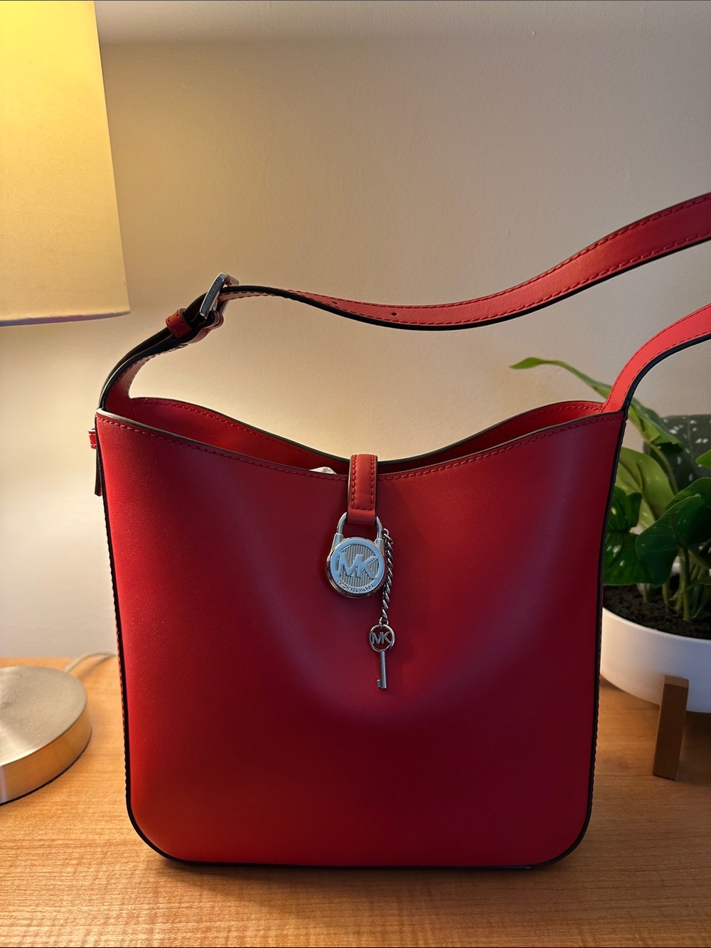 Michael Kors Red Leather Lyra Small Bucket Shoulder Bag with MK Charm